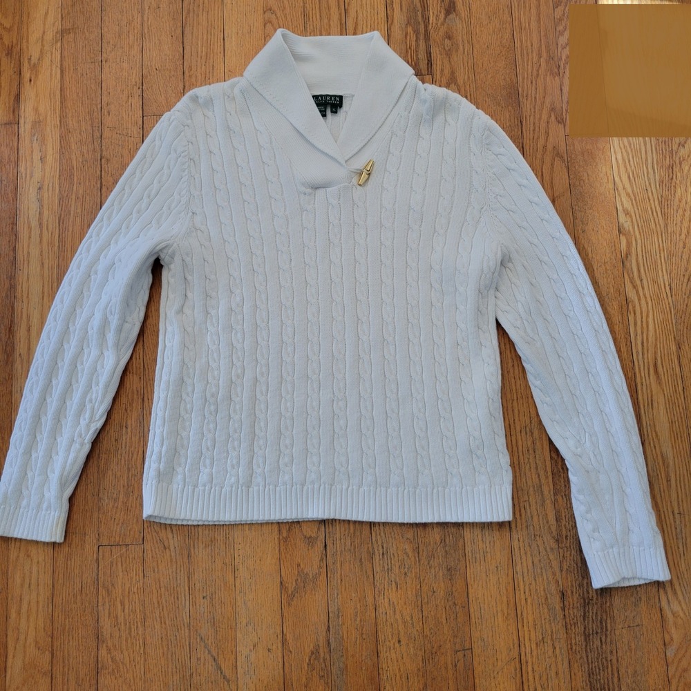 Ralph‎ Lauren White Cotton Cable Knit Shawl Collar Toggle Sweater XL Preppy